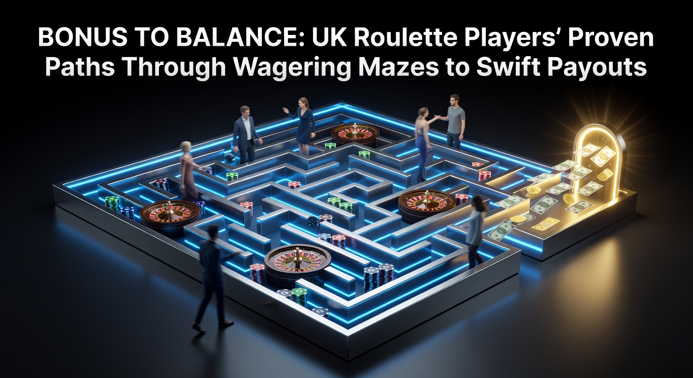 Digital illustration of a roulette wheel intertwined with golden paths leading from bonus icons to cash stacks, symbolizing wagering navigation for UK players