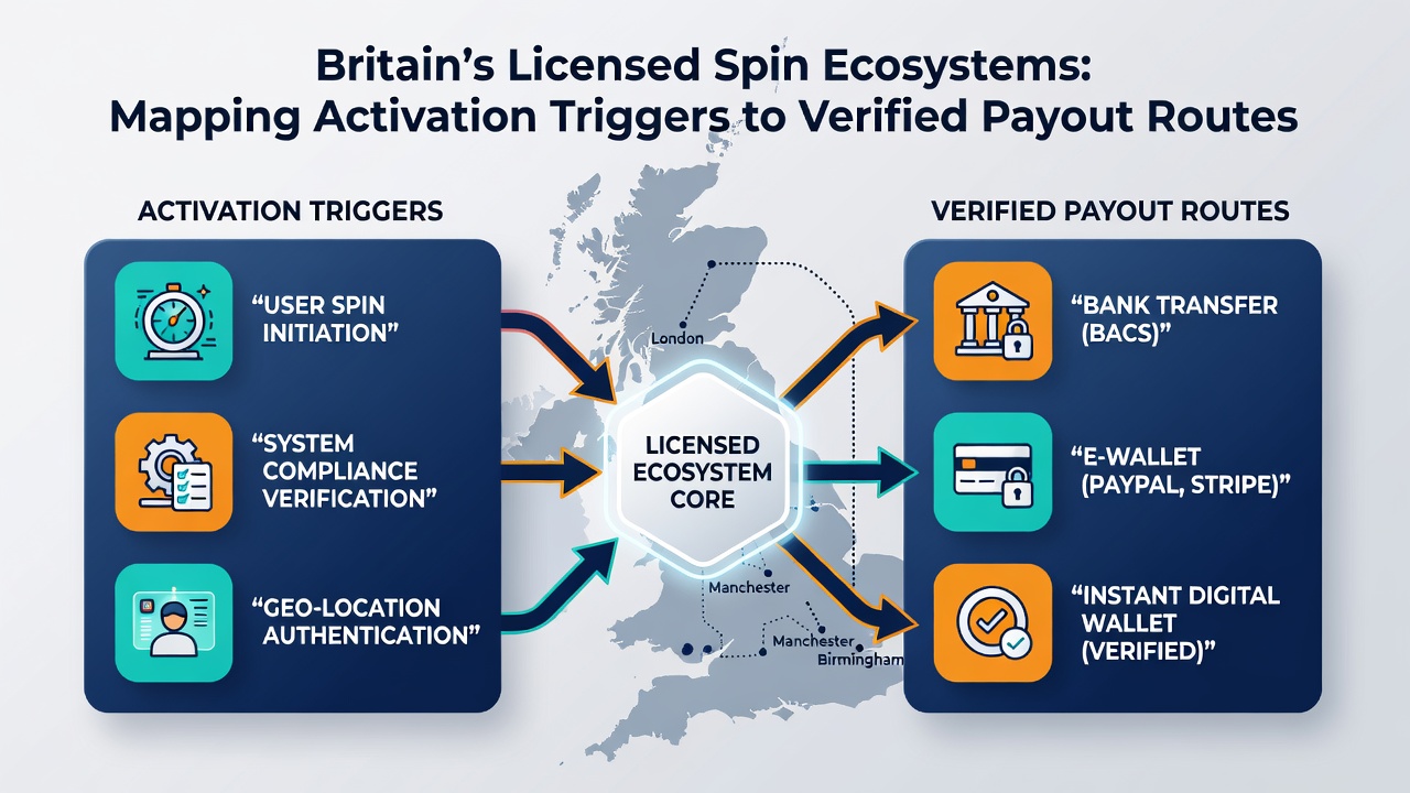 Flowchart illustrating verified payout routes from spin results through compliance checks to bank transfers in licensed ecosystems