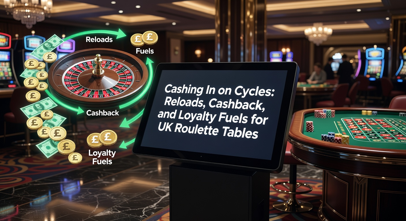 Vibrant roulette wheel with glowing bonus icons representing reloads, cashback rebates, and loyalty rewards stacking up for UK players