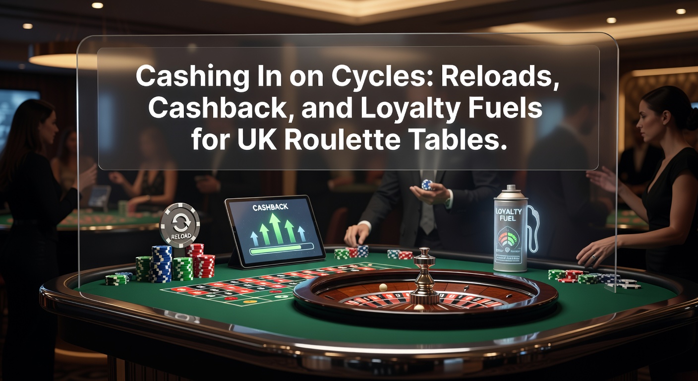 Dynamic graphic of a cycle diagram showing reload deposits looping into cashback rebates and loyalty points accumulating for UK roulette players