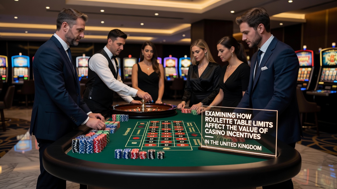 Roulette table with betting limits displayed at a UK casino venue showing minimum and maximum stake indicators
