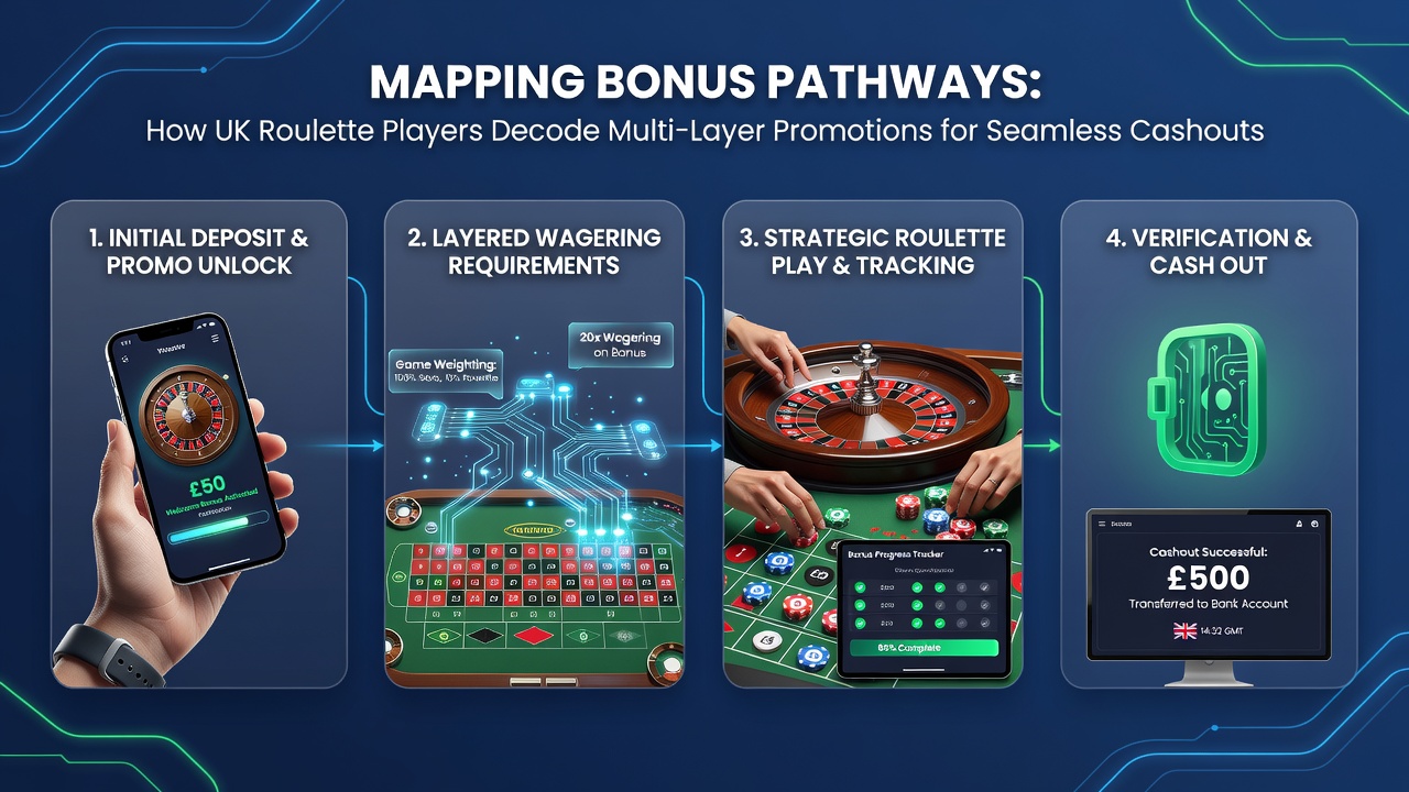 Flowchart illustrating multi-layer bonus progression from deposit match through cashout on a UK-licensed roulette site