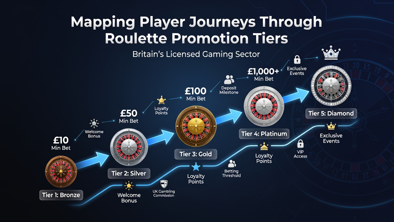 Diagram showing player progression through roulette promotion tiers in UK licensed casinos