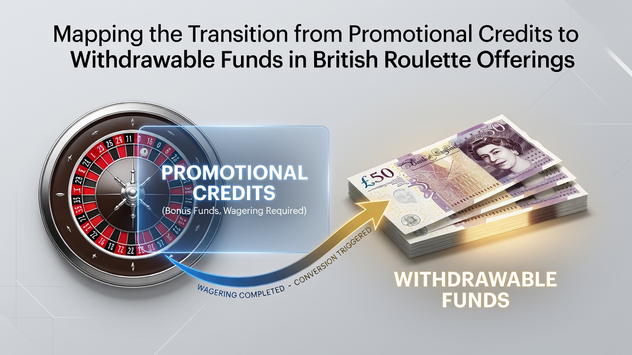 Diagram illustrating steps from promotional credit allocation to cash withdrawal eligibility in British roulette platforms