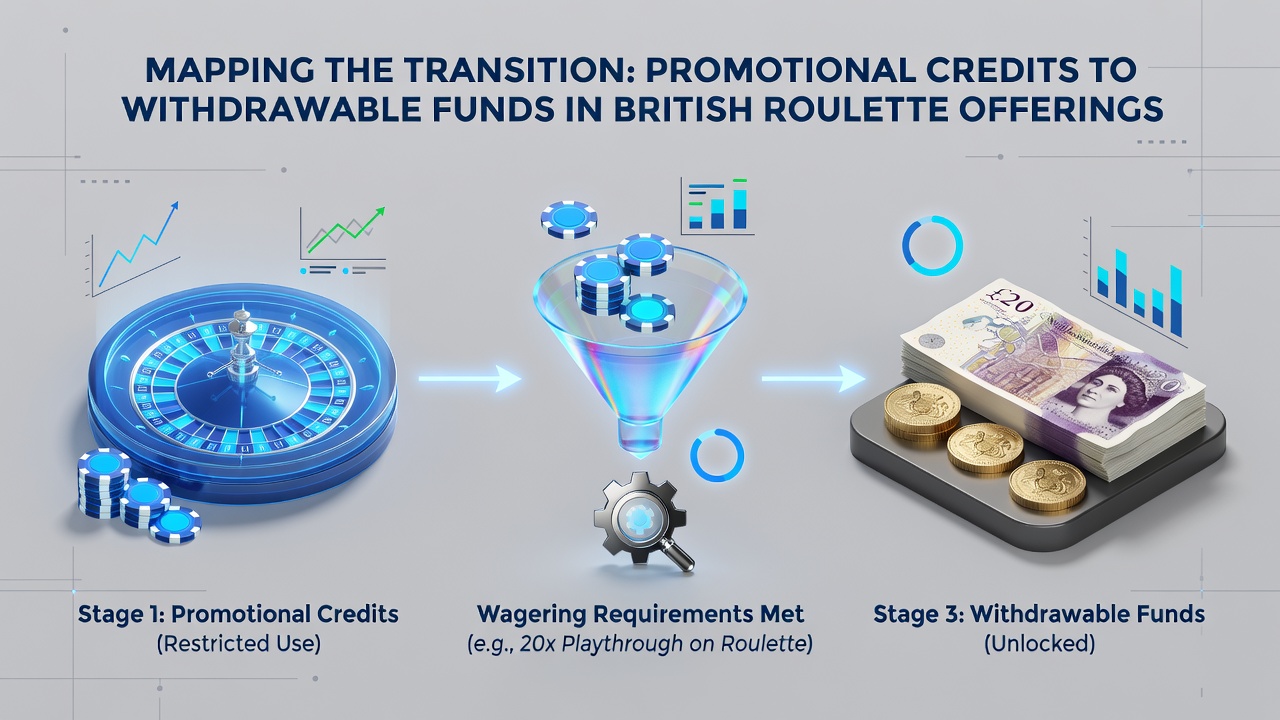 Flowchart showing verification stages and partial release points during credit to cash transition on UK roulette sites