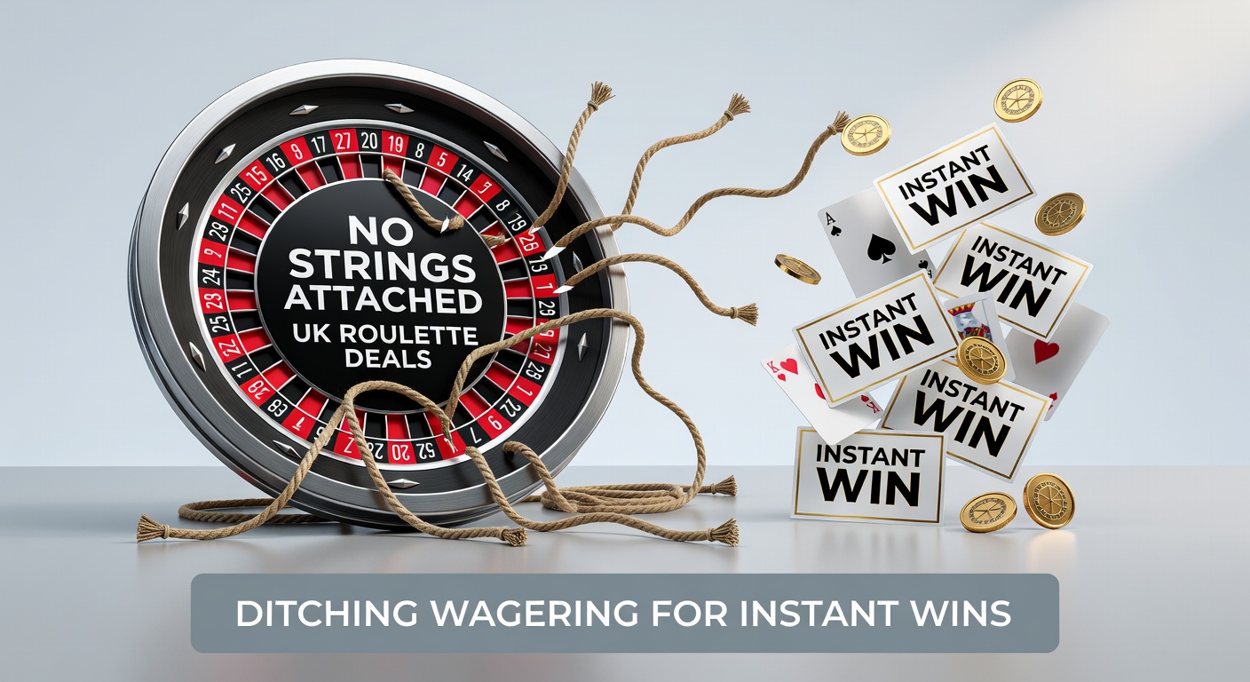 Vibrant roulette wheel spinning with cash symbols overlay, highlighting no-wagering instant win promotions at UK online casinos