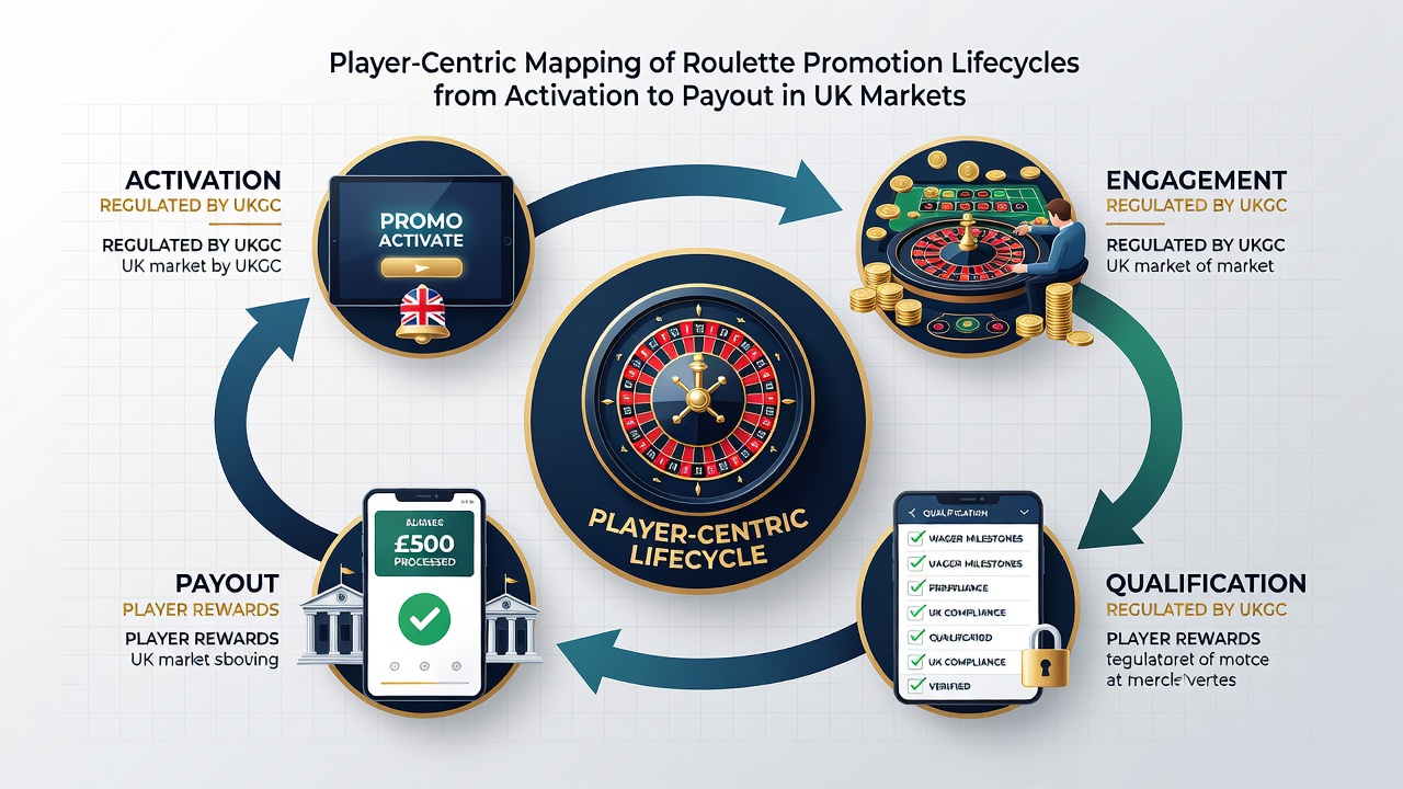 Flowchart illustrating mid-cycle stages of roulette promotions including wagering requirements and bonus conversion in UK markets