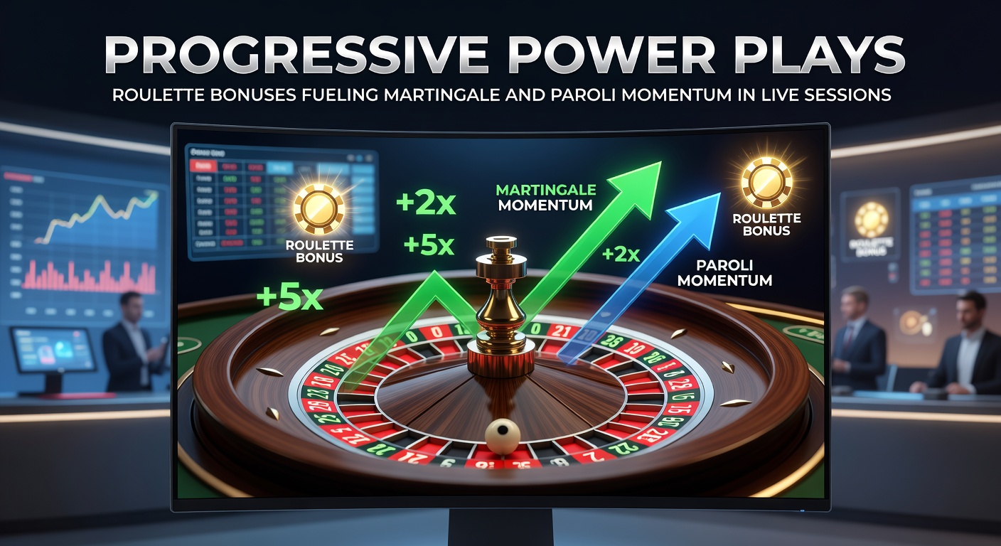 Live roulette table with progressive betting charts overlay showing Martingale and Paroli sequences powered by bonus credits