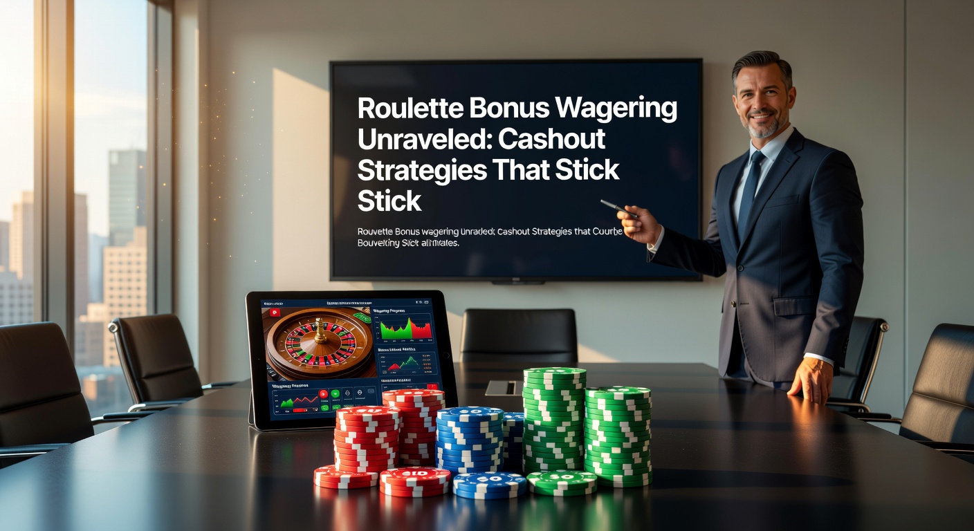 Digital roulette wheel spinning with bonus chips stacked nearby, illustrating wagering challenges and cashout potential