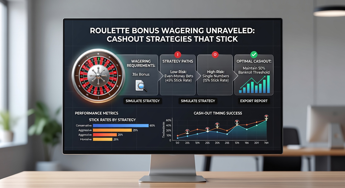 Close-up of a cashout button on a roulette bonus interface, surrounded by cleared wagering meters and payout icons