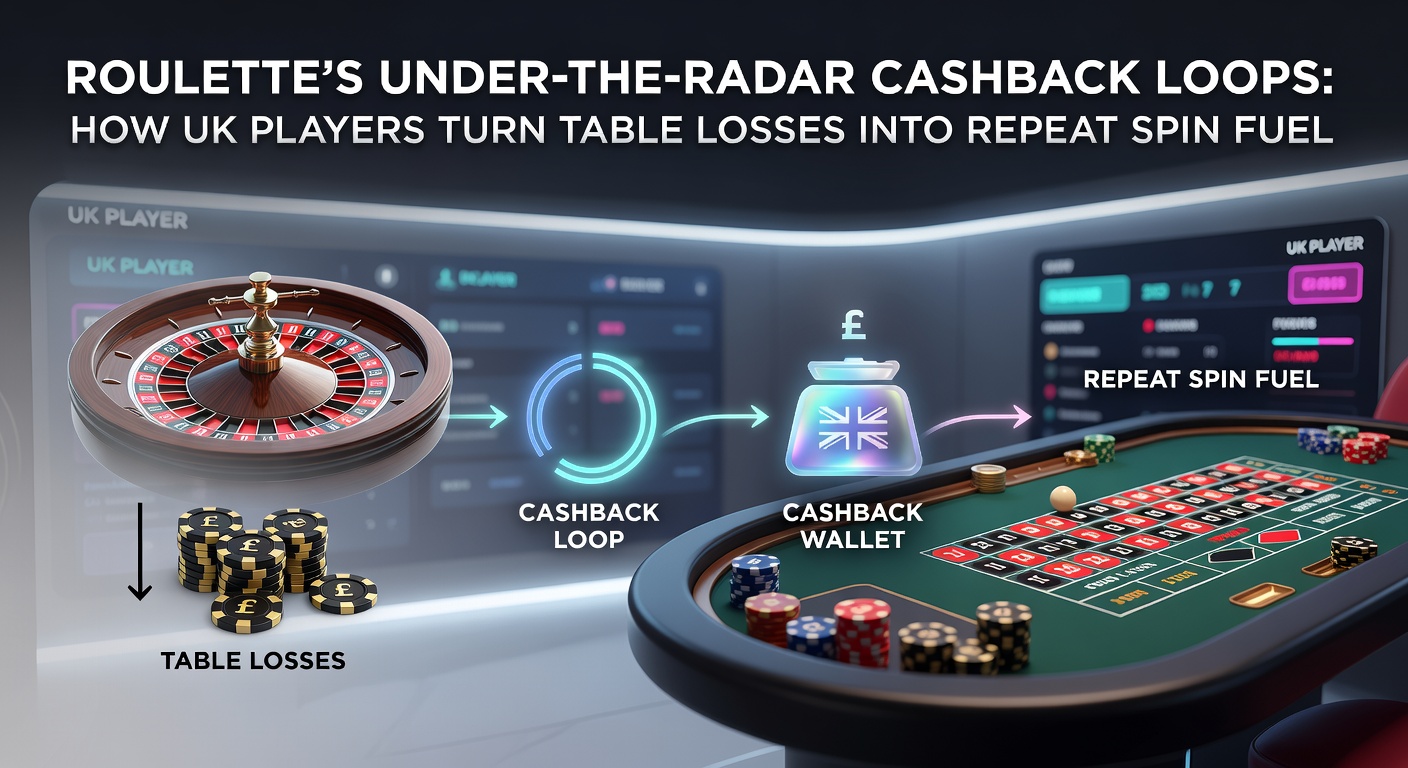 Illustration of a roulette wheel with cashback arrows looping losses back into chips, symbolizing recycled play in UK online casinos
