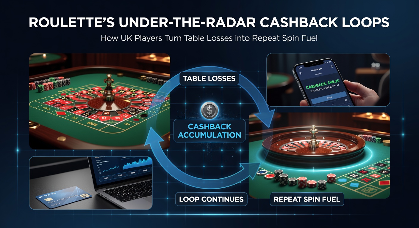 Screenshot-style graphic of a casino app dashboard showing cashback rebate calculation and looped bonus credits ready for roulette redeployment