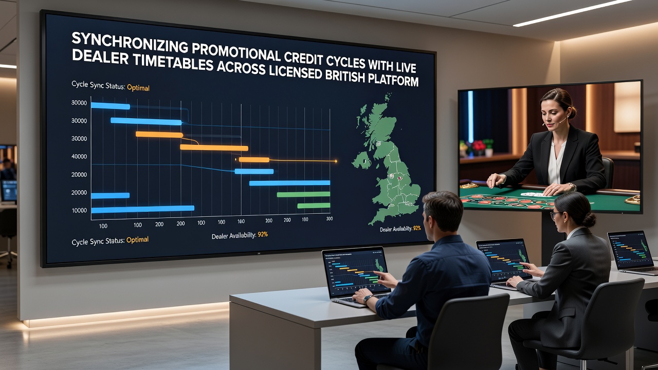 Dashboard interface showing aligned promotional timelines next to live dealer shift schedules on a UK licensed platform
