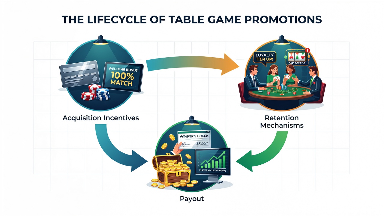 Flowchart illustrating retention mechanisms including loyalty tiers, reload bonuses, and cashback calculations for table games