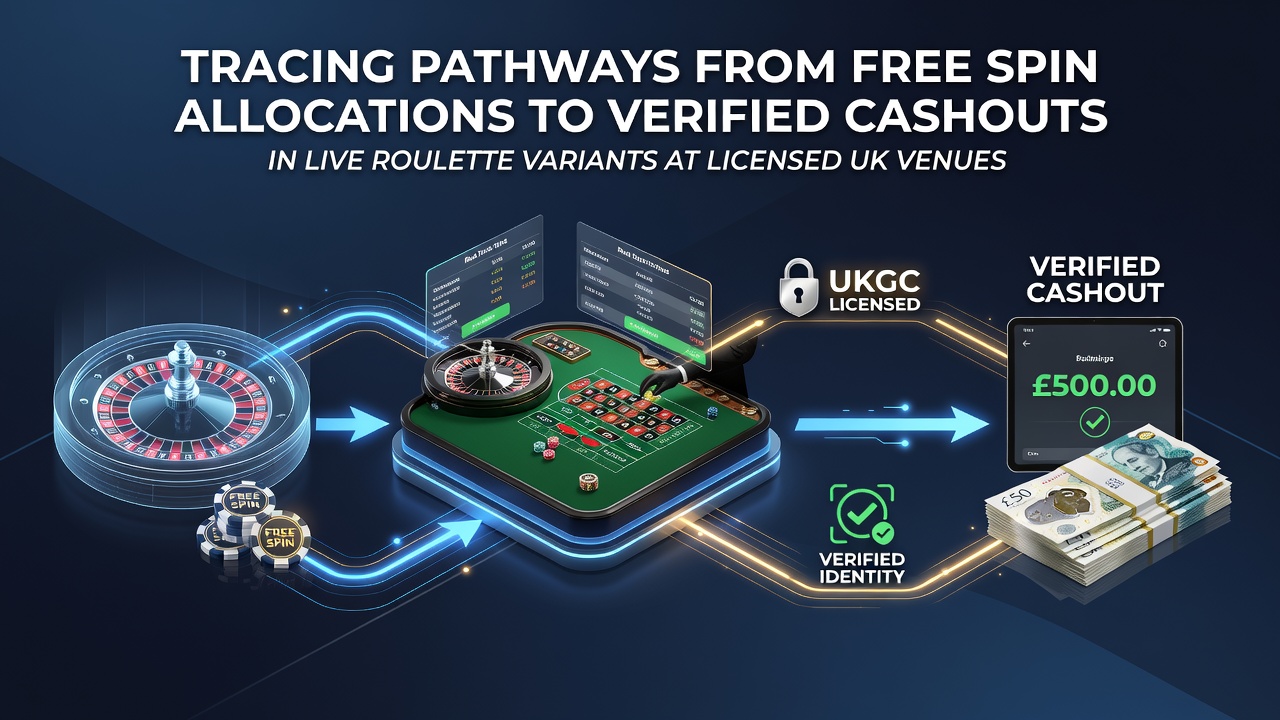 Flowchart illustrating steps from free spin allocation through live roulette play to verified cashout at UK venues