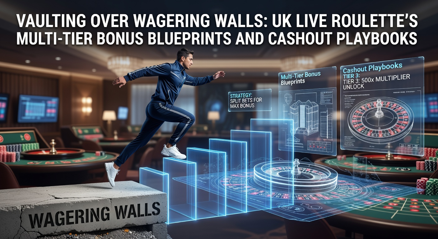 Vibrant live roulette wheel spinning under studio lights, overlaid with tiered bonus icons representing escalating rewards in UK online casinos