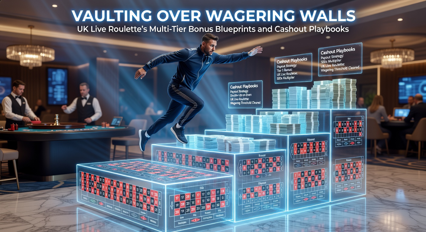 Infographic breaking down a multi-tier bonus ladder, with roulette chips climbing steps toward a cashout vault against a UK flag backdrop
