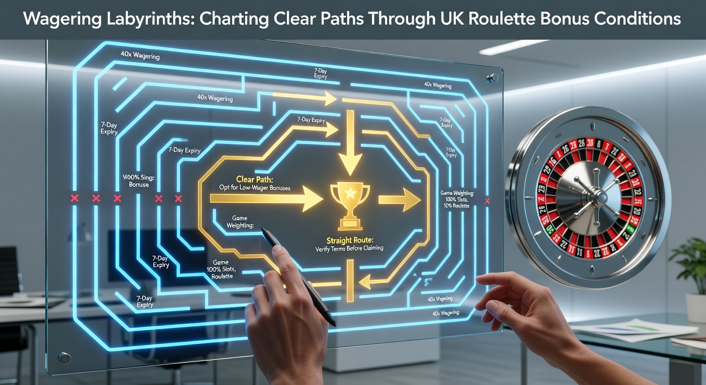 A intricate maze representing the complex paths of roulette bonus wagering requirements, with a clear roulette wheel at the exit